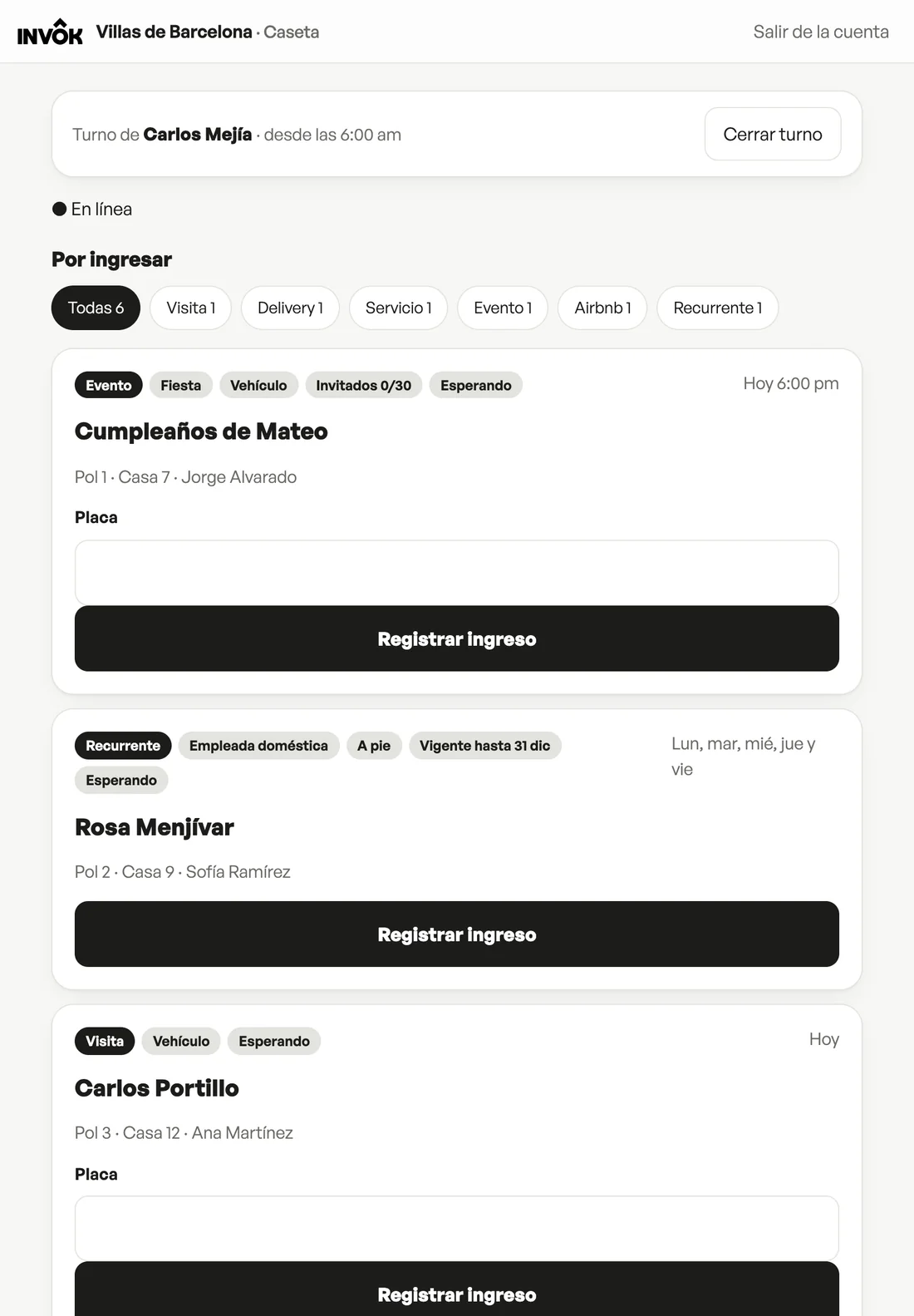 App de la caseta con el turno de Carlos Mejía y las visitas por ingresar
